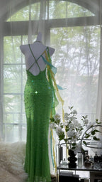 Shiny Full Beaded Heavy Green Mermaid Backless Prom Gown Formal Prom Dress