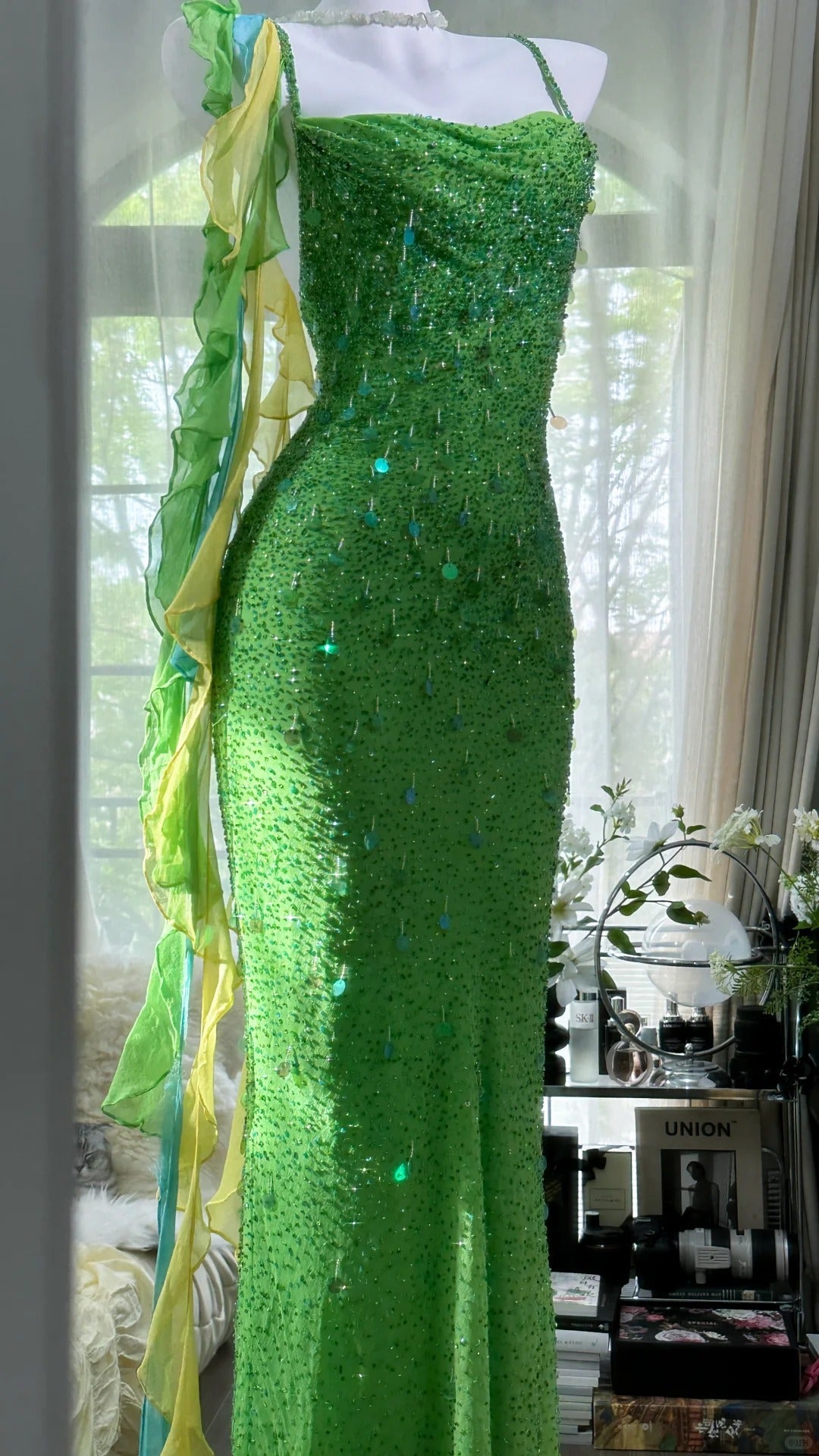 Shiny Full Beaded Heavy Green Mermaid Backless Prom Gown Formal Prom Dress