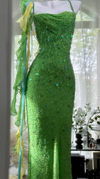 Shiny Full Beaded Heavy Green Mermaid Backless Prom Gown Formal Prom Dress