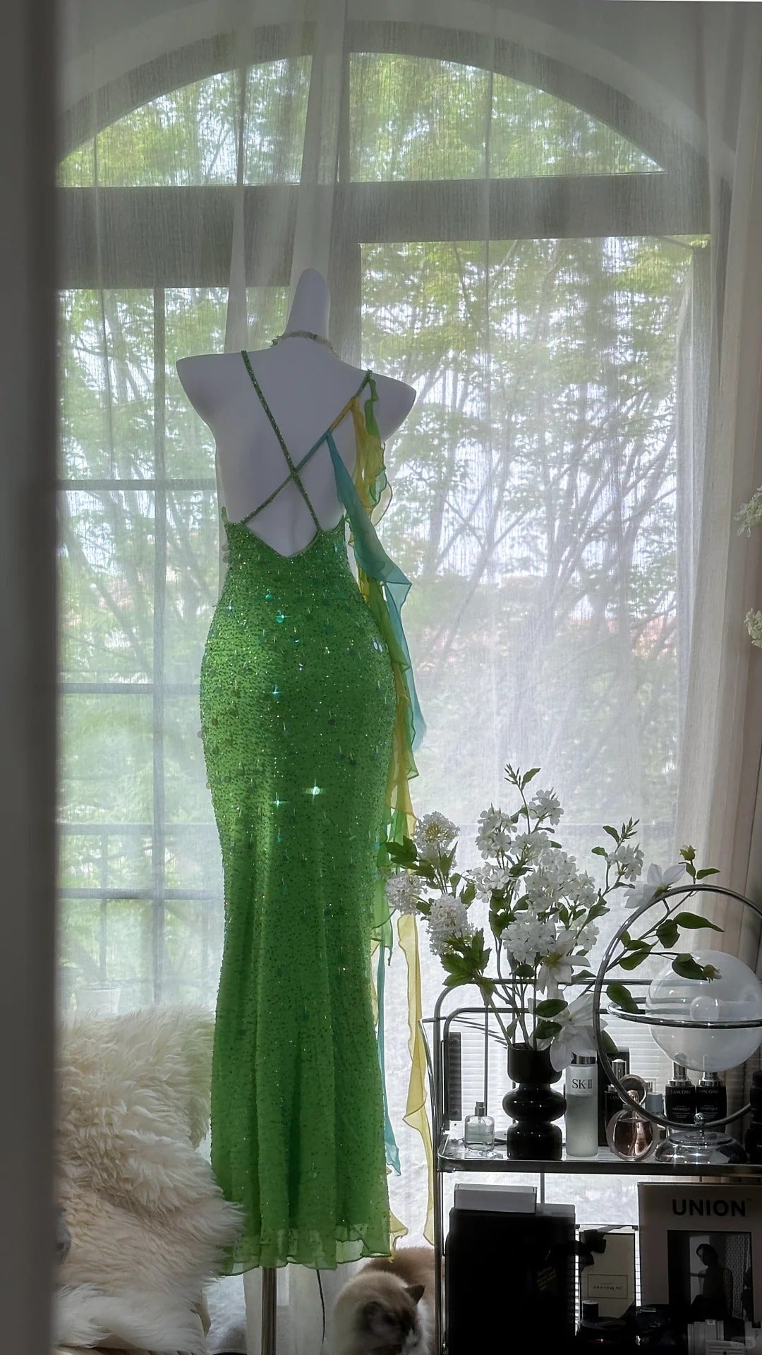 Shiny Full Beaded Heavy Green Mermaid Backless Prom Gown Formal Prom Dress