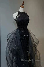 Shiny Halter Sequin Tulle Layered Long Prom Dress Black Evening Dress Wedding Dress