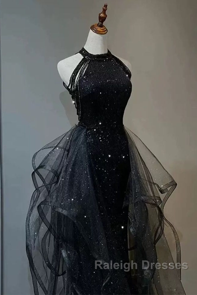 Shiny Halter Sequin Tulle Layered Long Prom Dress Black Evening Dress Wedding Dress