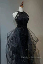 Shiny Halter Sequin Tulle Layered Prom Dresses Long Black Prom Dresses Wedding Dresses