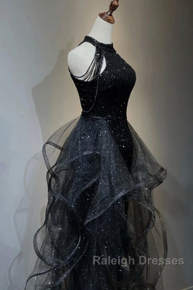 Shiny Halter Sequin Tulle Layered Prom Dresses Long Black Prom Dresses Wedding Dresses