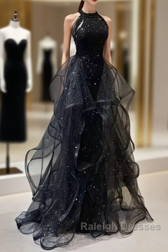 Shiny Halter Sequin Tulle Layered Prom Dresses Long Black Prom Dresses Wedding Dresses Main image
