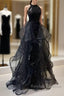 Shiny Halter Sequin Tulle Layered Prom Dresses Long Black Prom Dresses Wedding Dresses