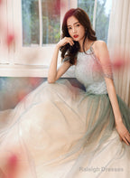 Shiny Light Green Tulle Long Halter Neckline Party Dress, A-Line Gradient Prom Dress