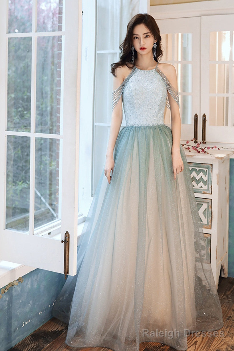 Shiny Light Green Tulle Long Halter Neckline Party Dress, A-Line Gradient Prom Dress Main image