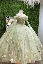 Shiny Light Sage Green Princess Dress with Flowers Light Sage Green Ball Gown,Sweet 16 Dress