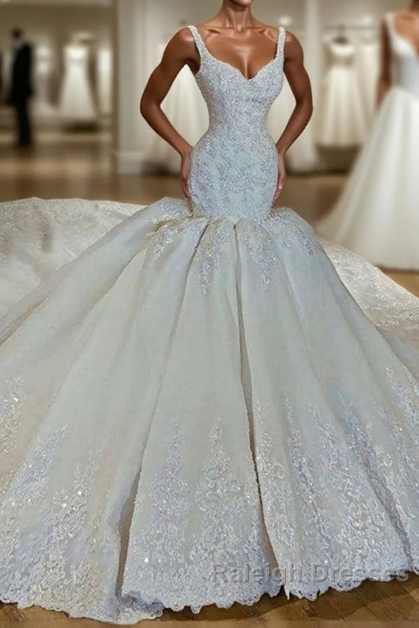 Shiny Mermaid Beading Lace Straps Applique Wedding Dresses Main image