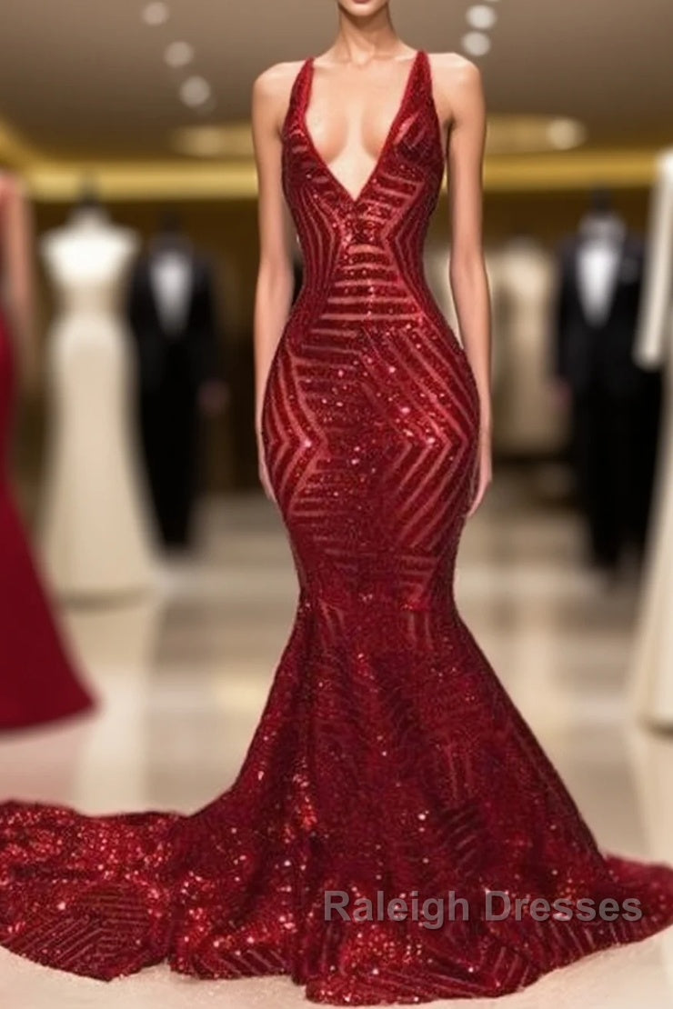Shiny Mermaid Long V Neck Red Sequins Prom Dress Main image