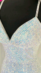 Shiny Mermaid Sequins Long White Prom Dresses V Neck Sleeveless Formal Dresses