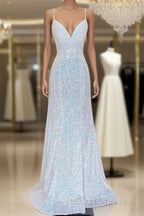Shiny Mermaid Sequins Long White Prom Dress V Neck Sleeveless Prom Dress
