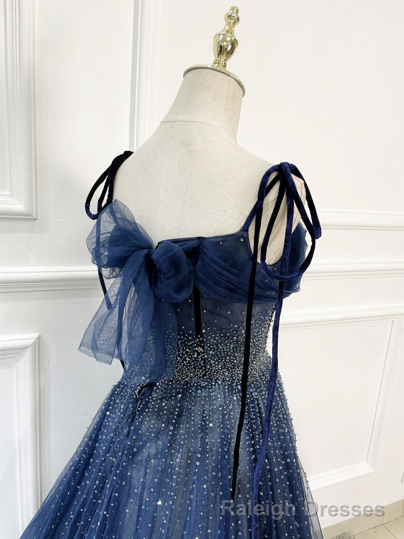 Shiny Navy Blue Tulle Straps Long Prom Dresses, A Line Beaded Prom Dresses