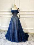 Shiny Navy Blue Tulle Straps Long Prom Dresses, A Line Beaded Prom Dresses