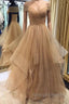 Shiny Off Shoulder Champagne Long Prom Dress, Off the Shoulder Champagne Formal Dress, Fluffy Champagne Evening Dress