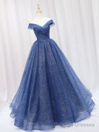 Shiny Off Shoulder Navy Blue Tulle Long Prom Dresses, Navy Blue Formal Graduation Prom Dresses