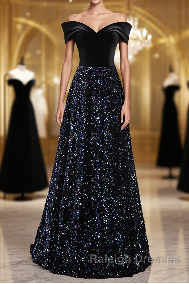 Shiny Off the Shoulder Black Prom Dresses with Corset Back, Shiny Black Long Formal Evening Dresses Main image