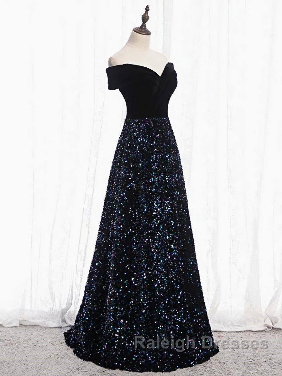 Shiny Off the Shoulder Black Prom Dresses with Corset Back, Shiny Black Long Formal Evening Dresses Secondary image