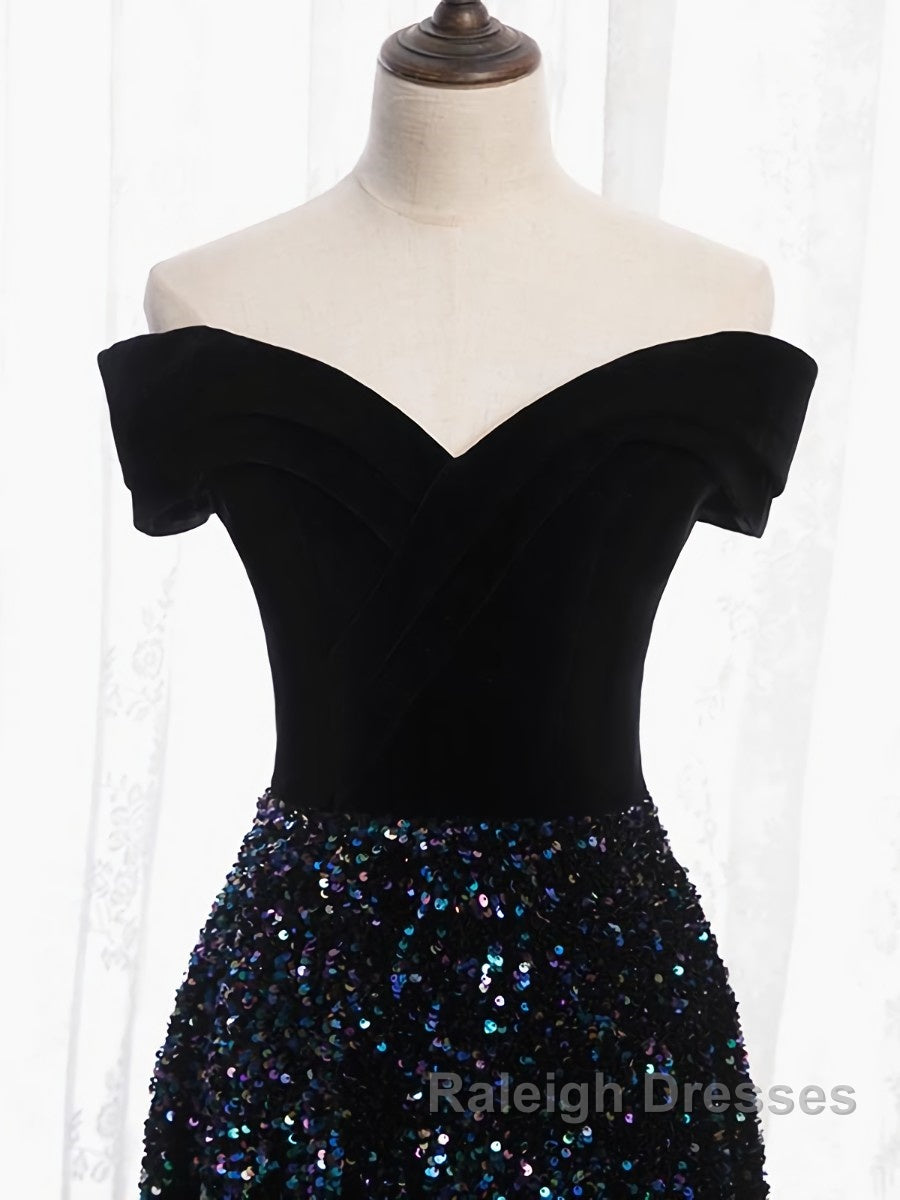 Shiny Off the Shoulder Black Prom Dresses with Corset Back, Shiny Black Long Formal Evening Dresses