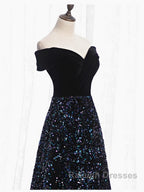 Shiny Off the Shoulder Black Prom Dresses with Corset Back, Shiny Black Long Formal Evening Dresses