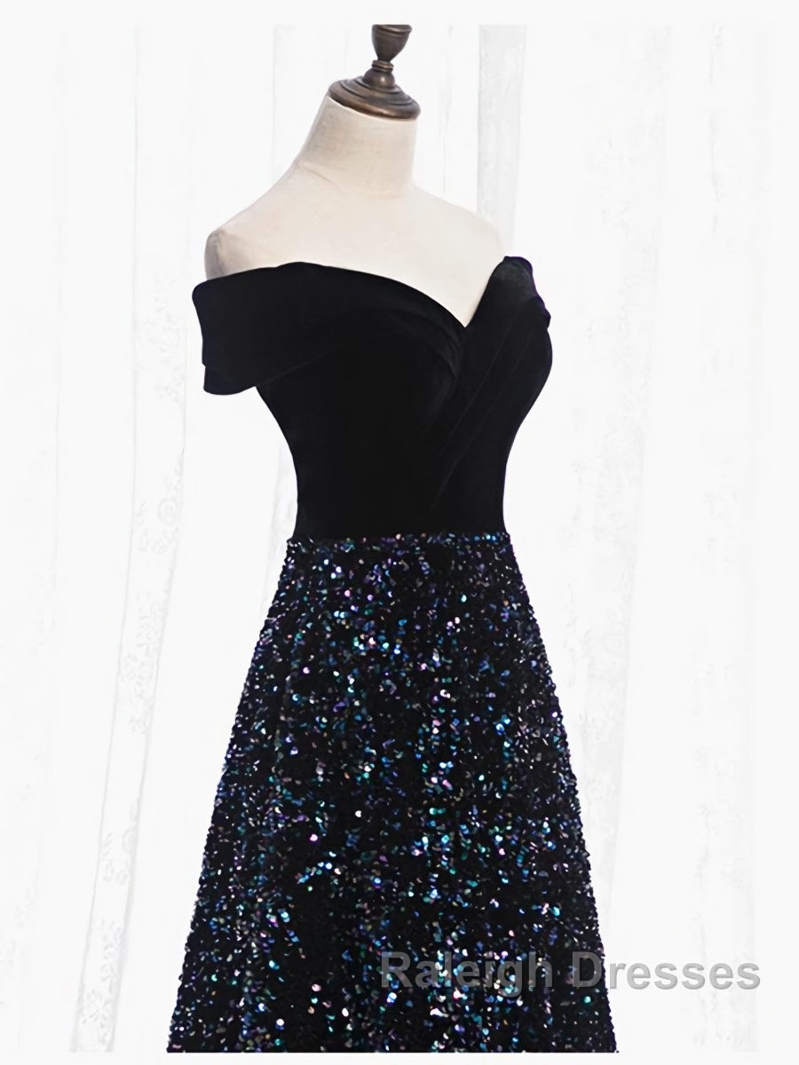 Shiny Off the Shoulder Black Prom Dresses with Corset Back, Shiny Black Long Formal Evening Dresses