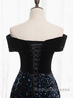 Shiny Off the Shoulder Black Prom Dresses with Corset Back, Shiny Black Long Formal Evening Dresses