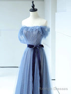 Shiny Off the Shoulder Blue Tulle Prom Dresses, Blue Long Formal Prom Dresses