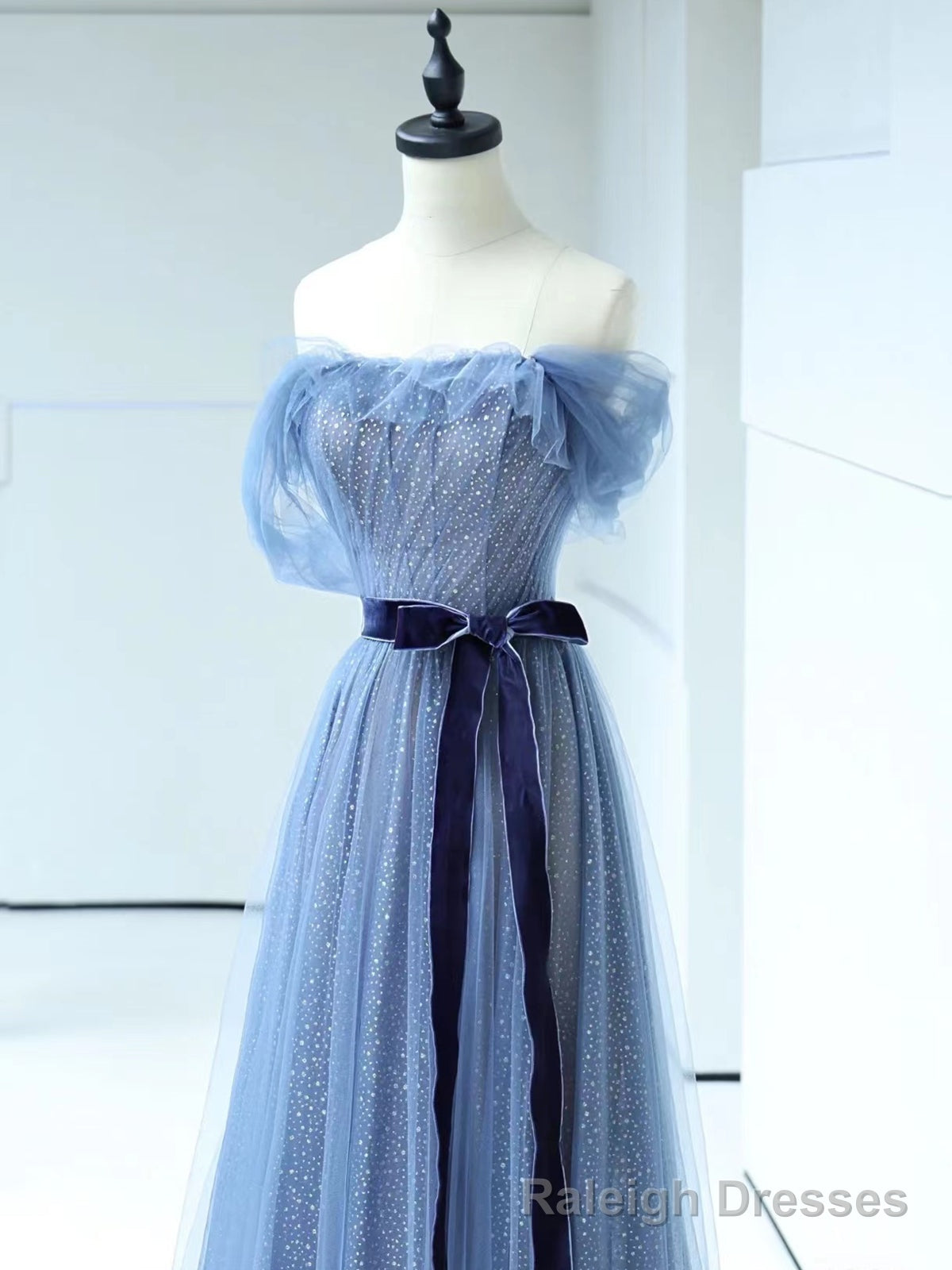 Shiny Off the Shoulder Blue Tulle Prom Dresses, Blue Long Formal Prom Dresses