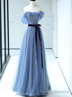 Shiny Off the Shoulder Blue Tulle Prom Dresses, Blue Long Formal Prom Dresses