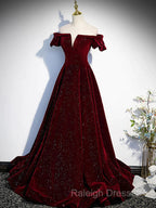 Shiny Off The Shoulder Burgundy Long Prom Dresses