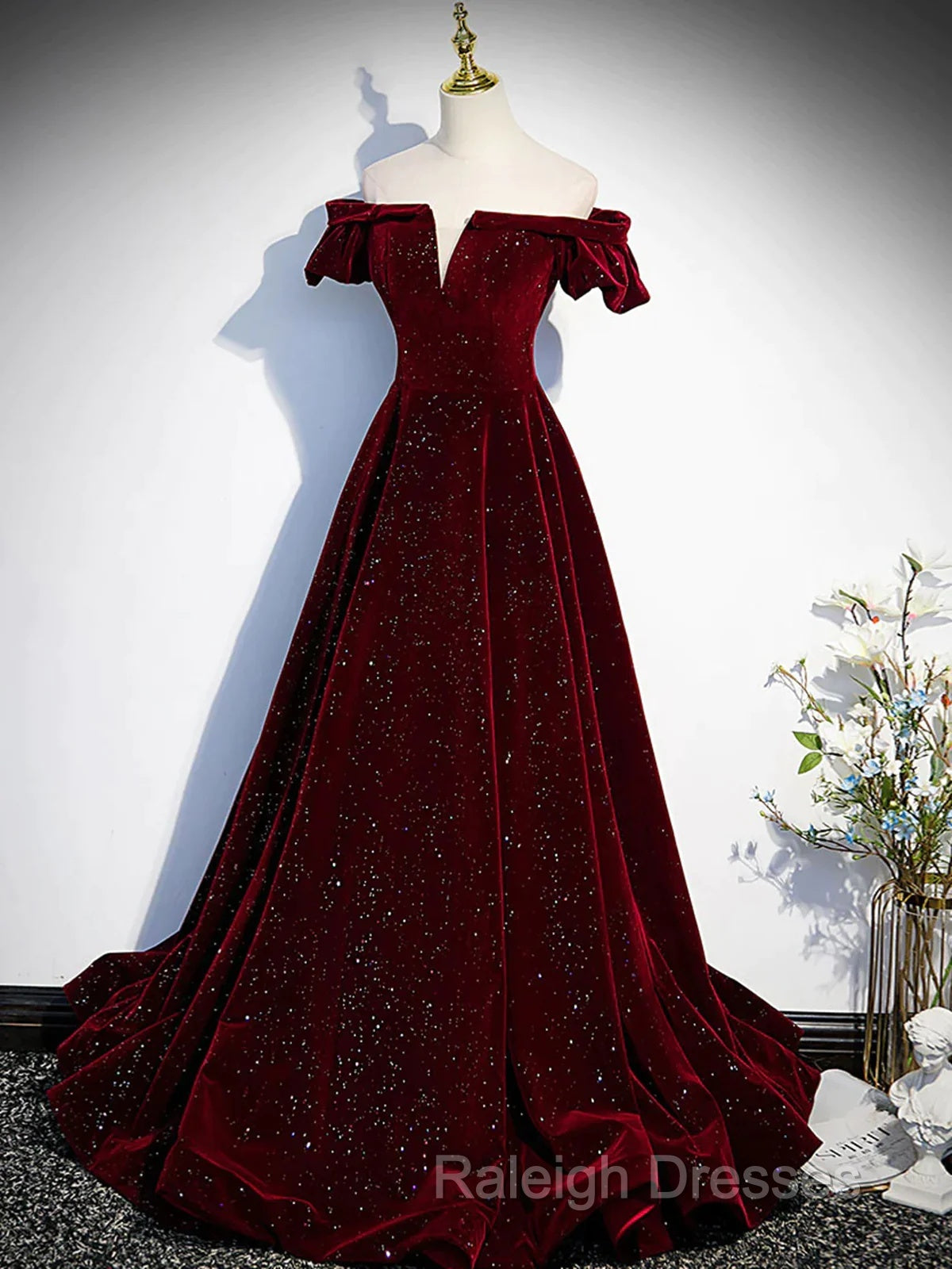 Shiny Off The Shoulder Burgundy Long Prom Dresses