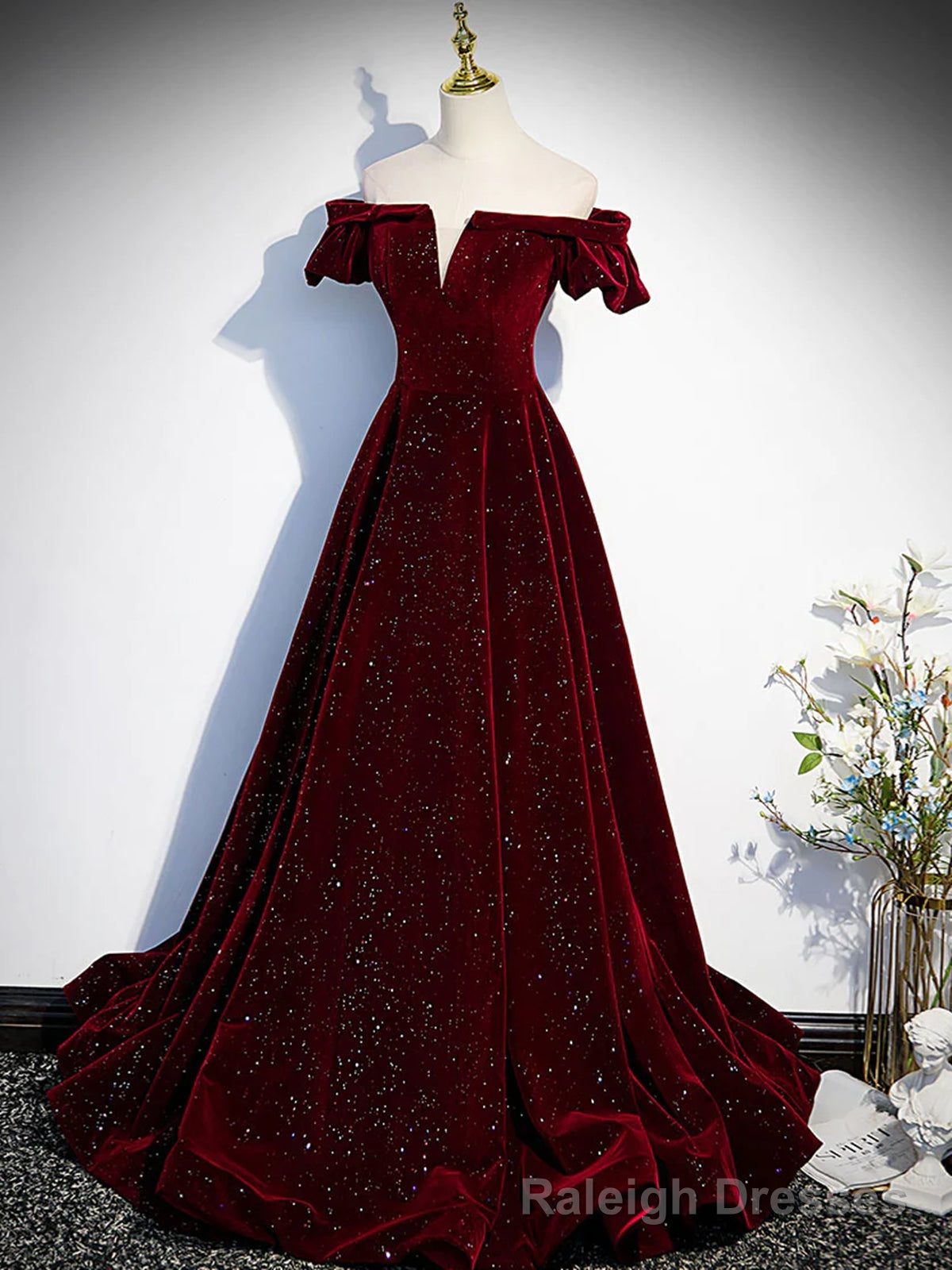 Shiny Off the Shoulder Burgundy Long Prom Dresses, Off Shoulder Wine Red Formal Evening Dresses Secondary image