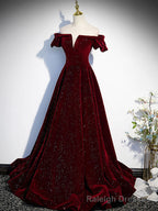 Shiny Off the Shoulder Burgundy Long Prom Dresses, Off Shoulder Wine Red Formal Prom Dresses