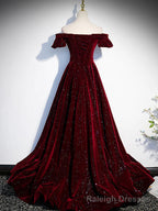Shiny Off the Shoulder Burgundy Long Prom Dresses, Off Shoulder Wine Red Formal Prom Dresses
