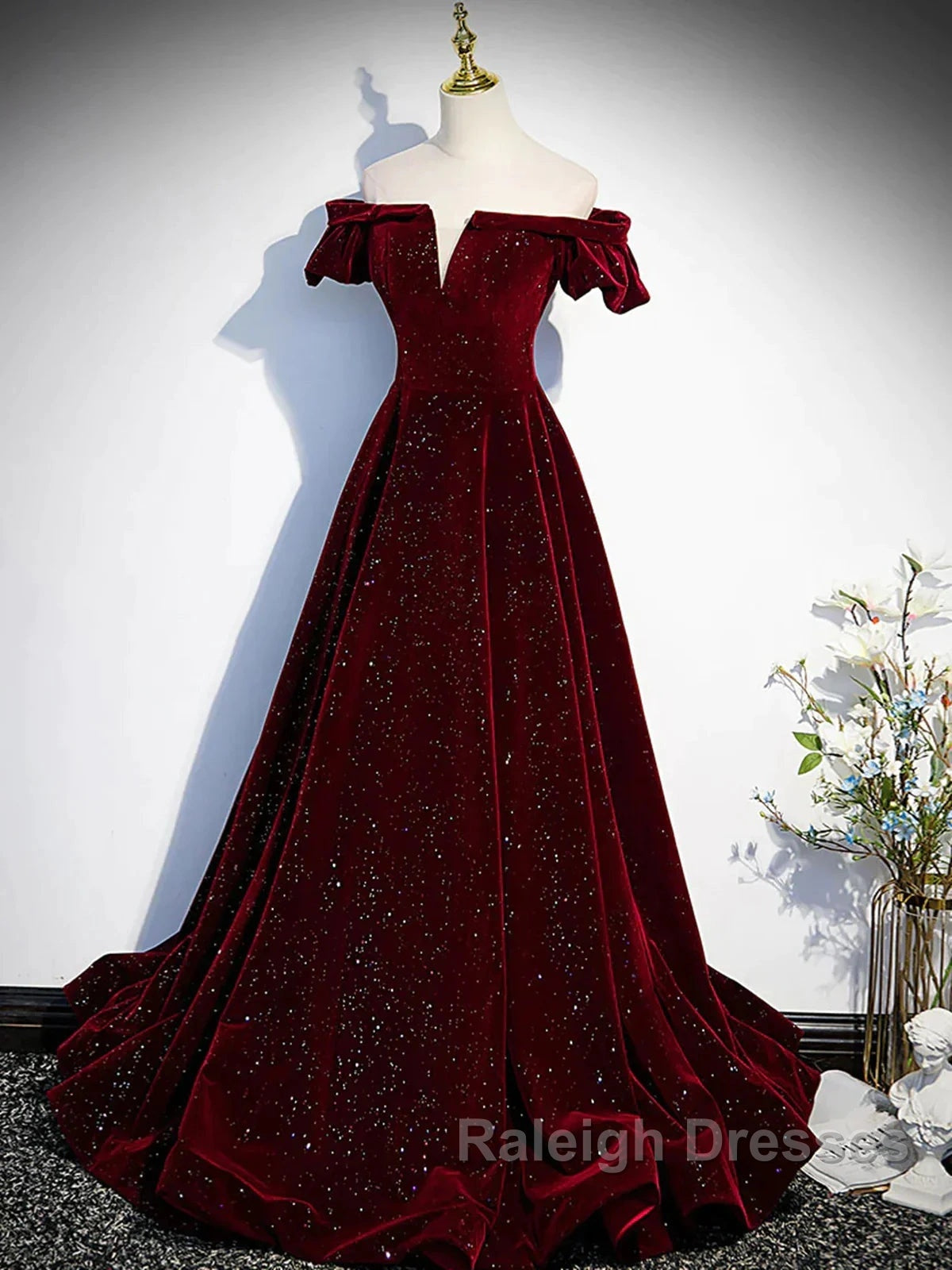 Shiny Off The Shoulder Burgundy Long Prom Dresses, Wine Red Long Formal Evening Dresses Secondary image