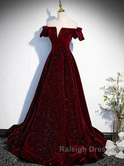 Shiny Off The Shoulder Burgundy Long Prom Dresses, Wine Red Long Formal Evening Dresses
