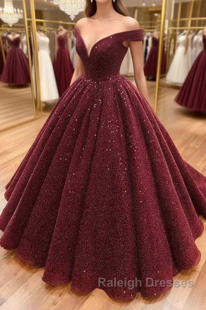 Shiny Off the Shoulder Burgundy Prom Dresses, Dark Wine Red Off Shoulder Long Formal Evening Dresses Main image