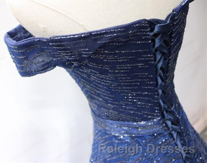 Shiny Off the Shoulder Navy Blue Long Prom Dresses, Off Shoulder Blue Formal Evening Dresses Secondary image