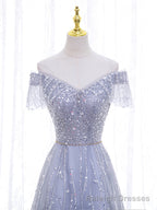 Shiny Off the Shoulder Silver Gray Long Prom Dresses, Silver Gray Long Formal Evening Dresses