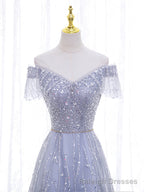 Shiny Off the Shoulder Silver Gray Long Prom Dresses, Silver Gray Long Formal Prom Dresses