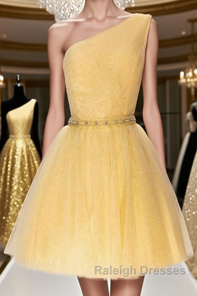 Shiny One Shoulder Yellow Short Prom Homecoming Dress with Belt, Short One Shoulder Yellow Formal Evening Dress