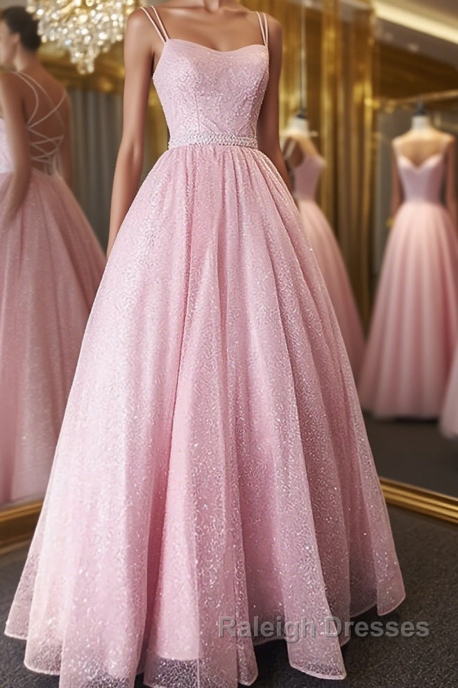 Shiny Pink Backless Long Prom Dresses, Pink Open Back Long Formal Evening Dresses Main image
