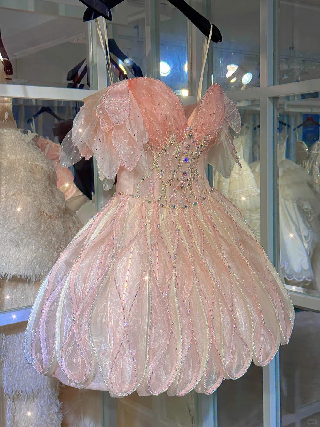 Shiny Pink Beaded Sling Petal Skirt Princess 17Th Birthday Homecoming Dress