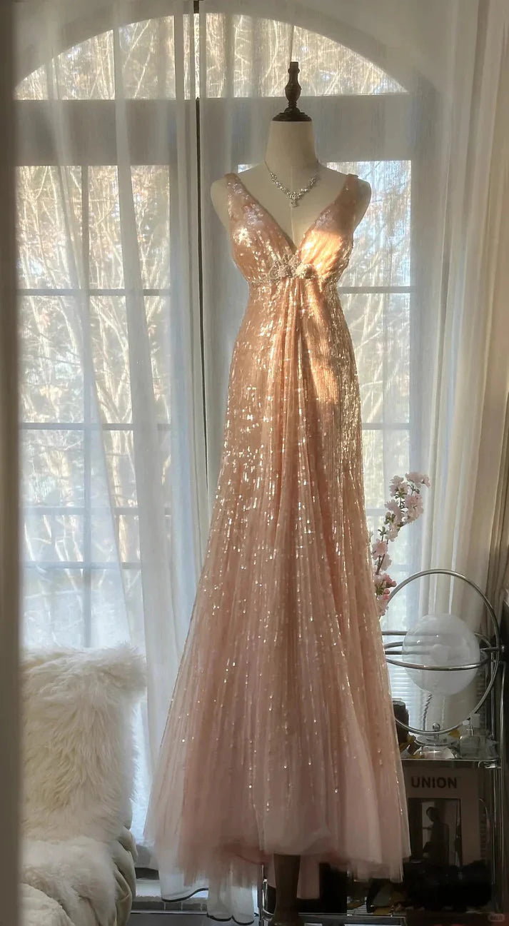 Shiny Princess Pink V-Neck Sequined Backless Mermaid Long Prom Dresses Secondary image