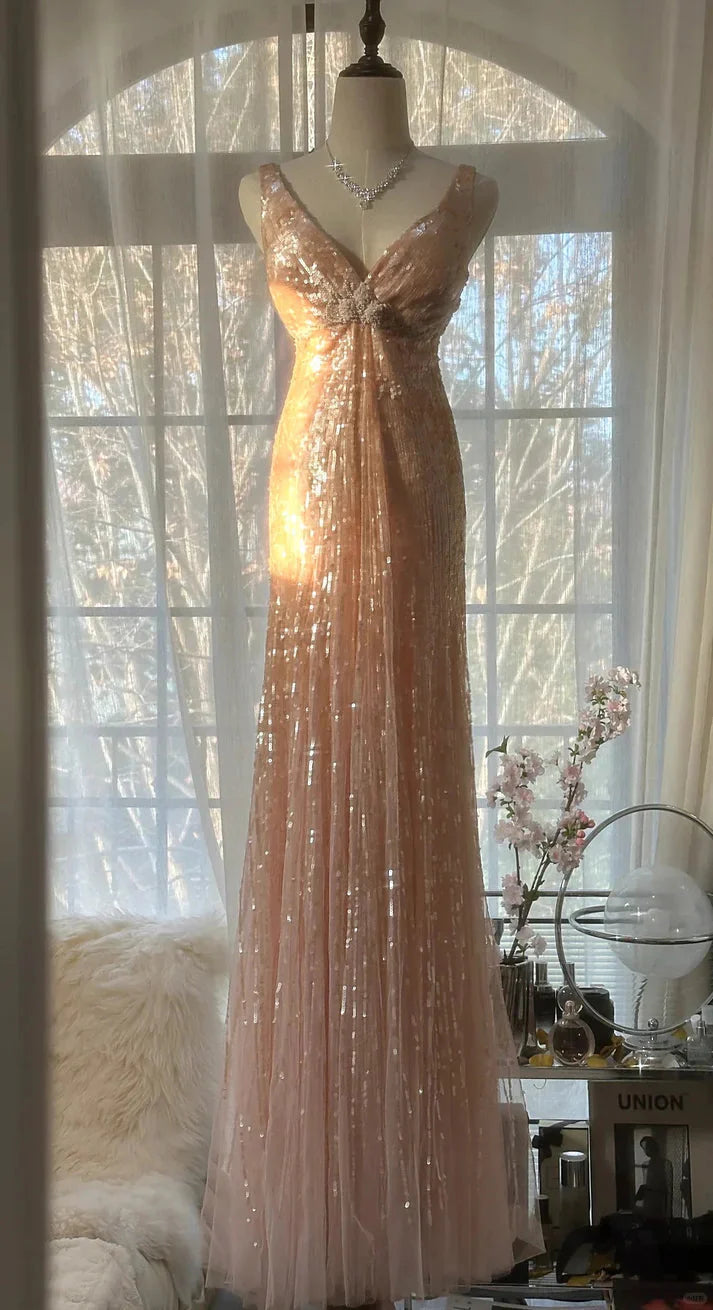 Shiny Princess Pink V-Neck Sequined Backless Mermaid Long Prom Dresses