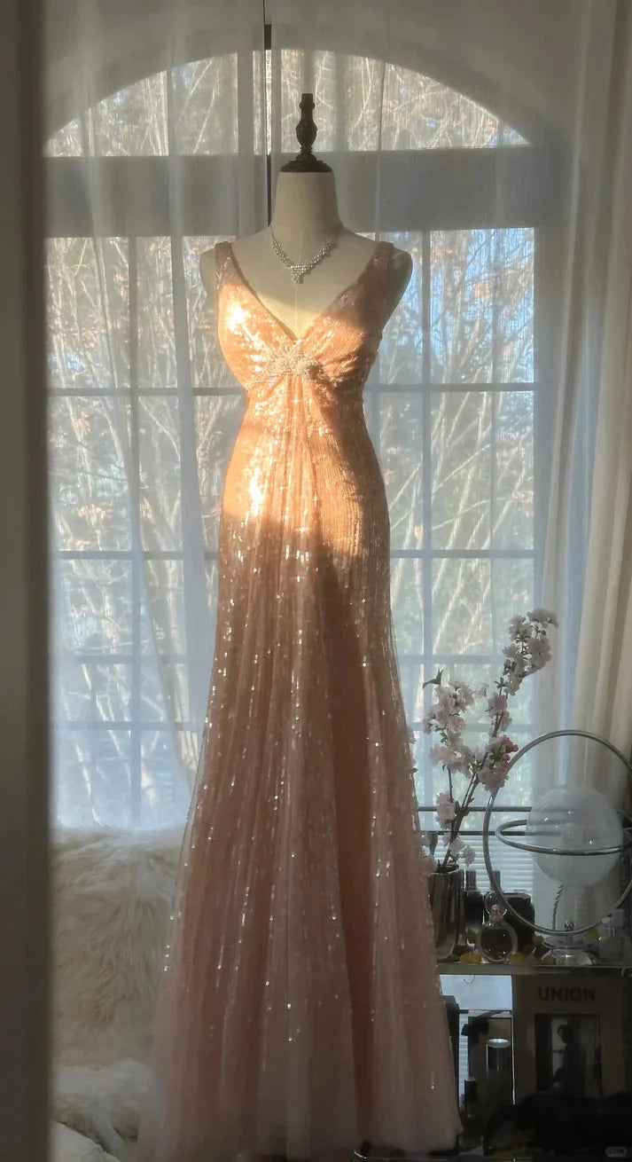 Shiny Princess Pink V-Neck Sequined Backless Mermaid Long Prom Dresses