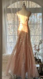 Shiny Princess Pink V-Neck Sequined Backless Mermaid Long Prom Dresses
