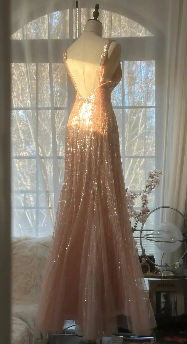 Shiny Princess Pink V-Neck Sequined Backless Mermaid Long Prom Dresses