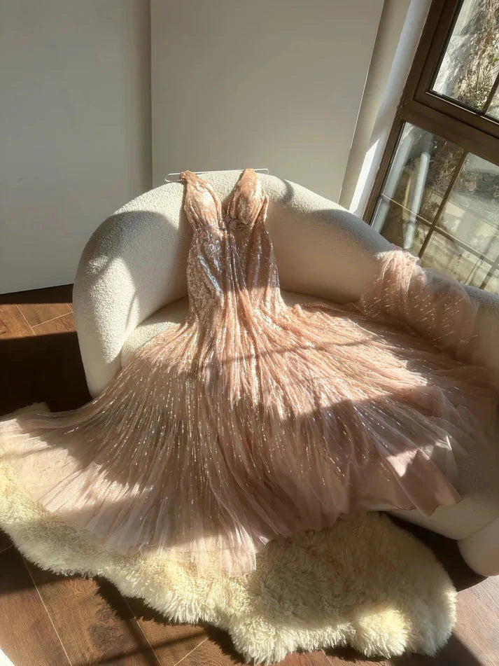 Shiny Princess Pink V-Neck Sequined Backless Mermaid Long Prom Dresses